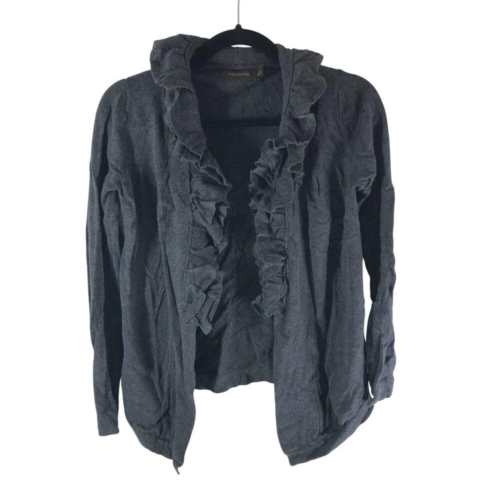 The Limited Womens Cardigan Sweater Ruffle Open Front Cotton Blend Gray XS